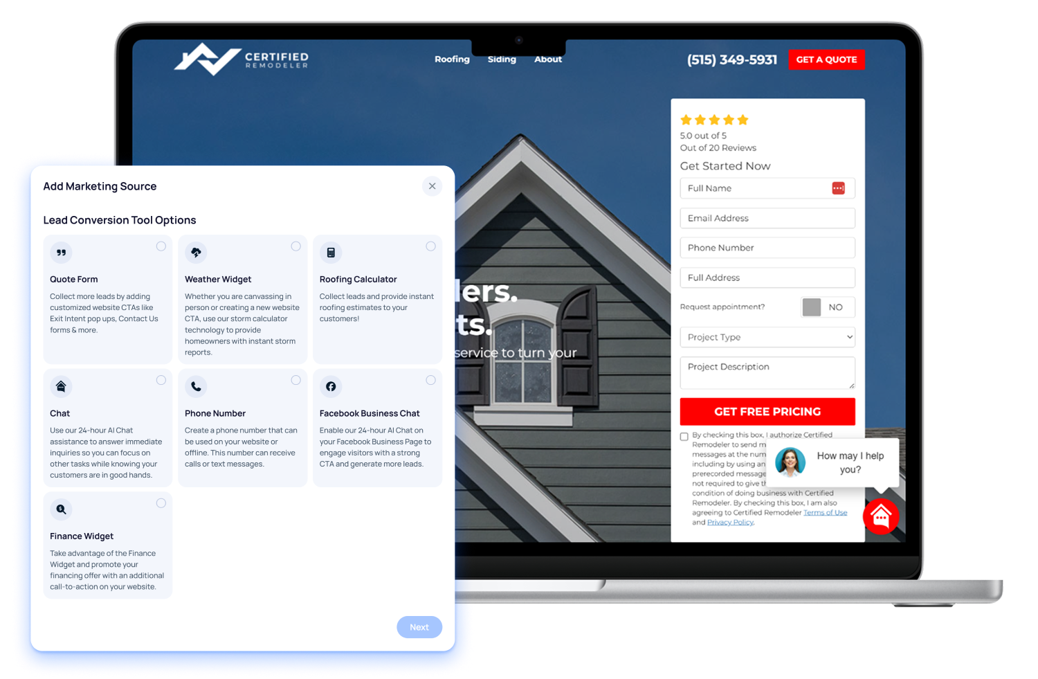 AI lead capture conversion tools including chatbot Gia, quote forms, and roof calculator