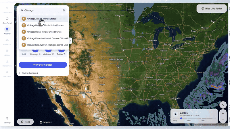 Live weather radar map with real-time, historical, and forecasted precipitation data