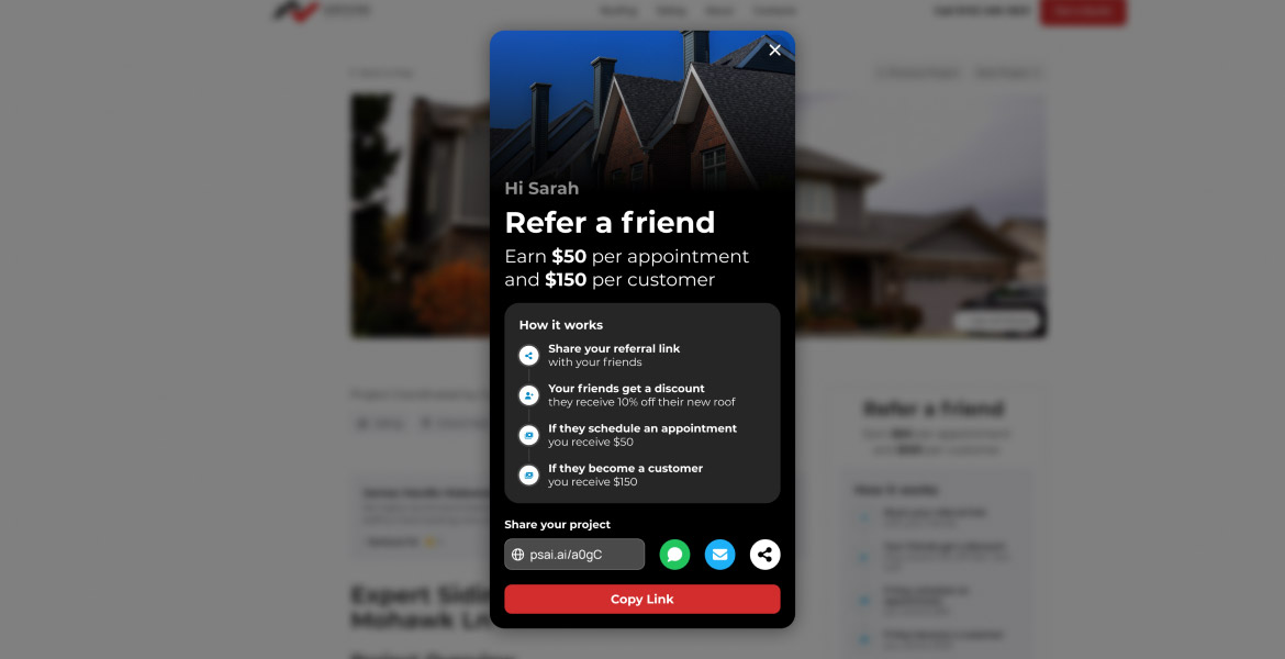 AI Referral Engine sending a homeowner their completed project page with a shareable AI-generated neighbor list
